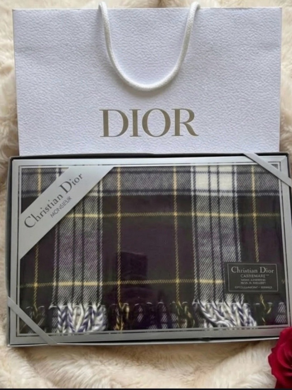 nwt Dior Plaid Cashmere-Blend Scarf